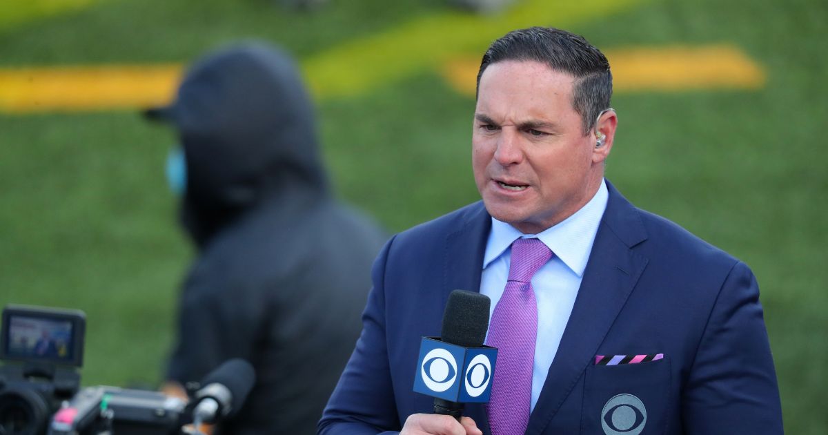 CBS reporter Jay Feely broadcasts during a game between the Buffalo Bills and the Los Angeles Chargers at Bills Stadium on Nov. 29, 2020, in Orchard Park, New York.