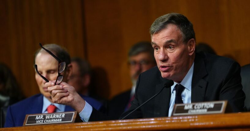 Sen. Mark Warner speaks at the confirmation hearing for Jay Clayton before the Senate Intelligence Committee during his nomination hearing on July 15, 2026, in Washington, D.C.