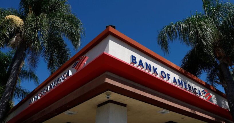 A sign is posted on the exterior of a Bank of America branch office on July 14, 2026, in Los Angeles, California.