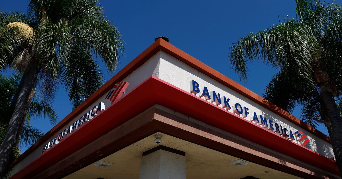 A sign is posted on the exterior of a Bank of America branch office on July 14, 2026, in Los Angeles, California.