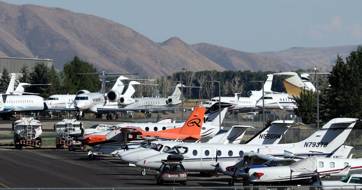 Private jets and airplanes are parked at Friedman Memorial Airport the week of the Allen & Company Sun Valley Conference on July 9, 2026, in Hailey, Idaho.