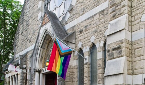 Saint Paul's Episcopal Church in downtown Evansville, Indiana, with a rainbow flag out front on May 13, 2025.