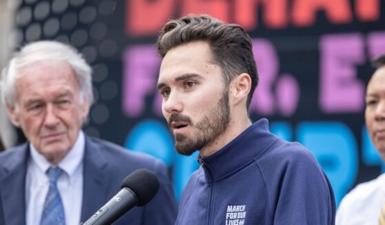 Gun control activist David Hogg speaks during the "Just Majority" Supreme Court Accountability Campaign Launch press conference in Copley Square on April 24, 2023, in Boston, Massachusetts.