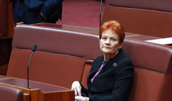 Senator and leader of the One Nation Party Pauline Hanson sits in the senate chamber in Parliament House in Canberra on June 29, 2026.