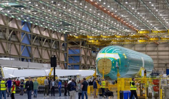 A Boeing 737 MAX 10 fuselage is pictured during the opening ceremony for the company's new North Line assembly line, which will produce 737 MAX aircraft, at the Boeing Everett Factory in Everett, Washington, on July 10, 2026.