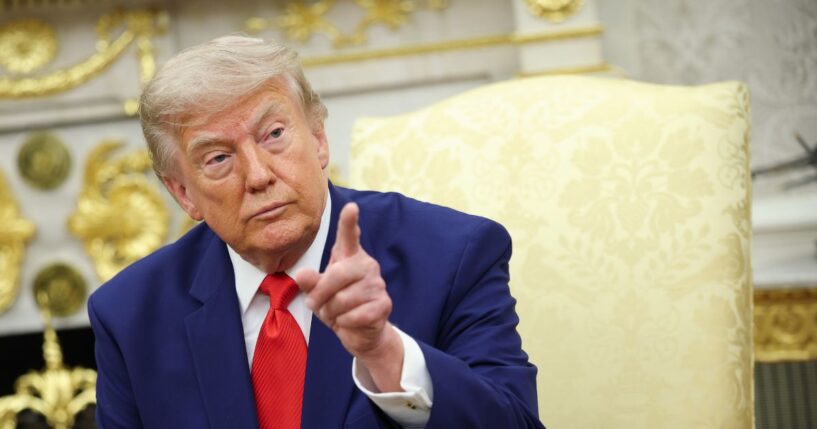President Donald Trump takes questions from the media during a bilateral meeting with President of Lebanon Joseph Aoun in the Oval Office of the White House on July 21, 2026, in Washington, D.C.