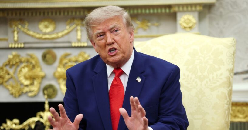 President Donald Trump speaks during a bilateral meeting with President of Lebanon Joseph Aoun in the Oval Office of the White House on July 21, 2026, in Washington, D.C.