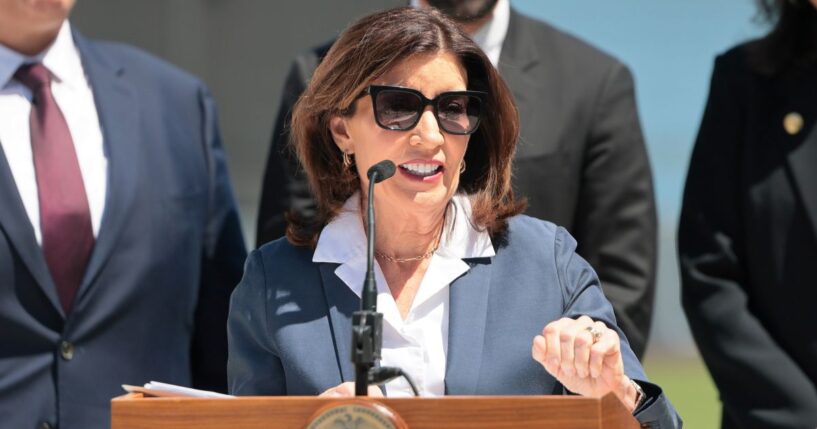 Gov. Kathy Hochul speaks during a press conference at Staten Island University Hospital Community Park on April 27, 2026, in New York City.