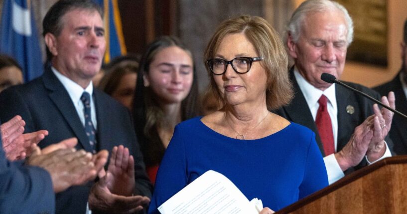 Darline Graham Nordone, sister of the late GOP Sen. Lindsey Graham, speaks during a news conference Monday outside the Governor's South Carolina State House office in Columbia, South Carolina.