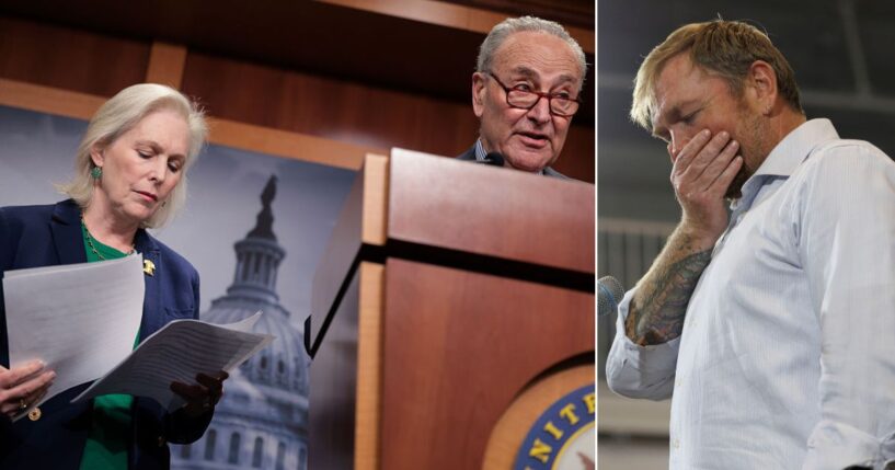 Senate Minority Leader Chuck Schumer and Sen. Kirsten Gillibrand, pictured at left, both New York Democrats, called for Graham Platner, right, to drop out of the Maine Senate race in the wake of sexual assault allegations against Platner.