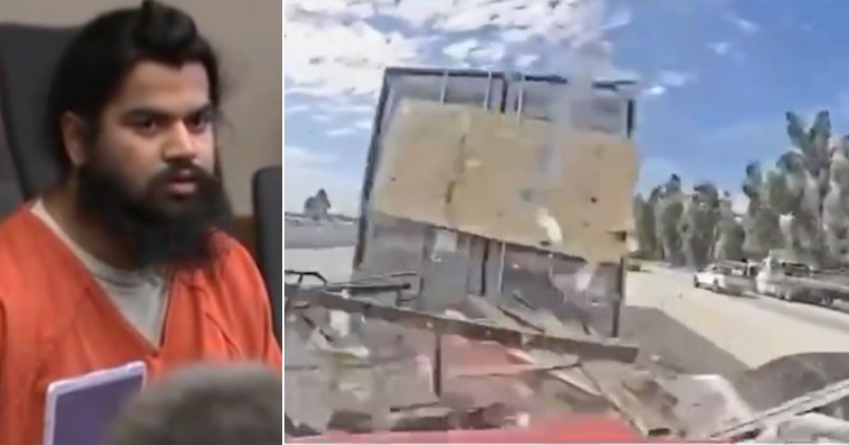 Dashcam video, right, showed a tractor-trailer rig driven by Jashanpreet Singh, 22, left, as it plowed into several other vehicles in the wreck.