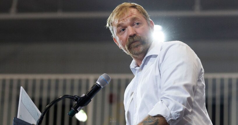 U.S. Senate candidate Graham Platner, a Maine Democrat, speaks at his primary election event on June 9 in Blue Hill, Maine.