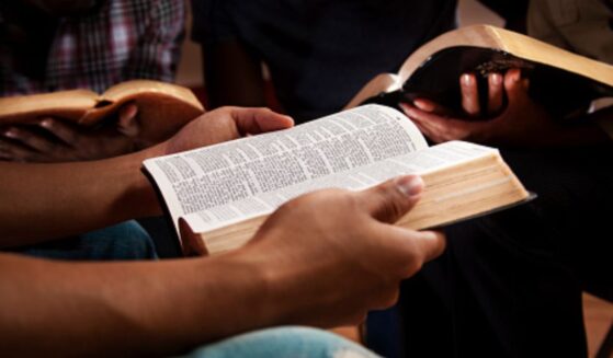 People reading Bibles in a warmly lit room.