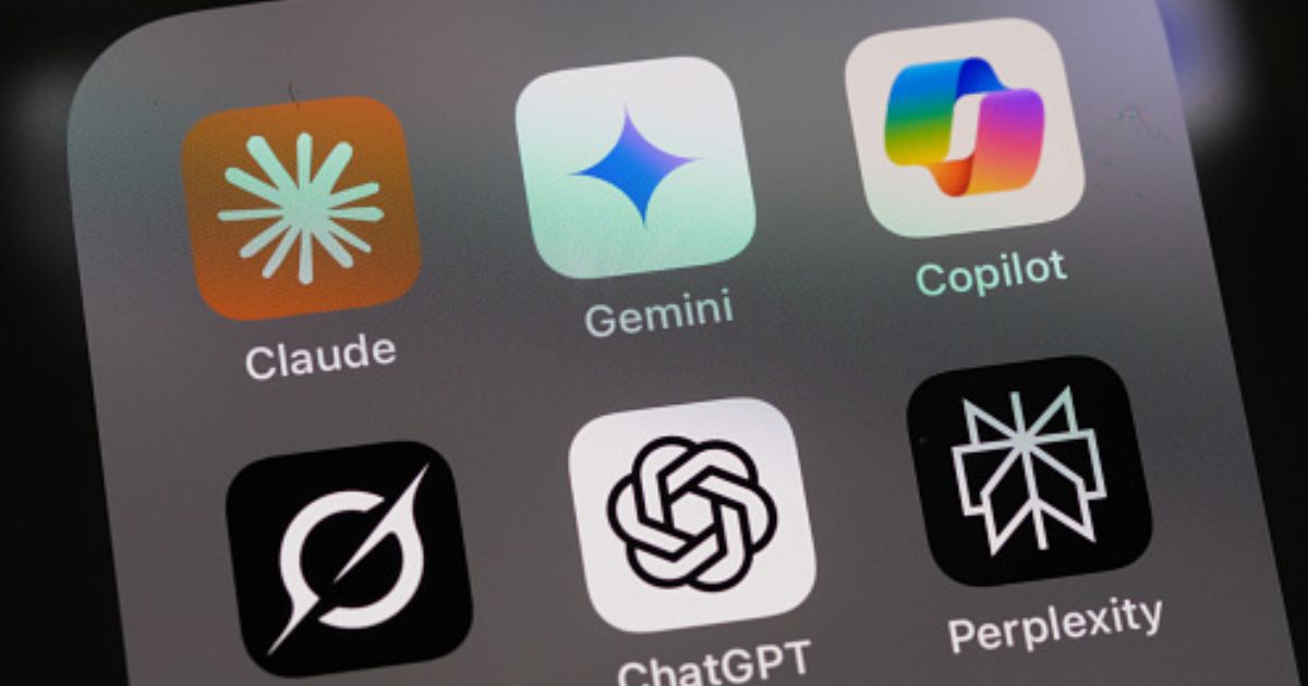 A screen on a phone displays the apps of multiple artificial intelligence systems.