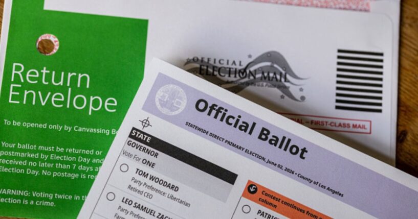 An official Californian ballot lays on a table on May 5, 2026 in Los Angeles, California.