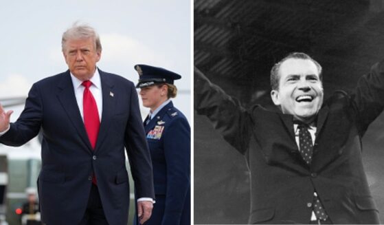President Donald Trump, left, walks away from Marine One on July 27, 2026. President Richard Millhouse Nixon, right, flashes the peace sign at the RNC Convention in Miami, Florida on August, 1968.