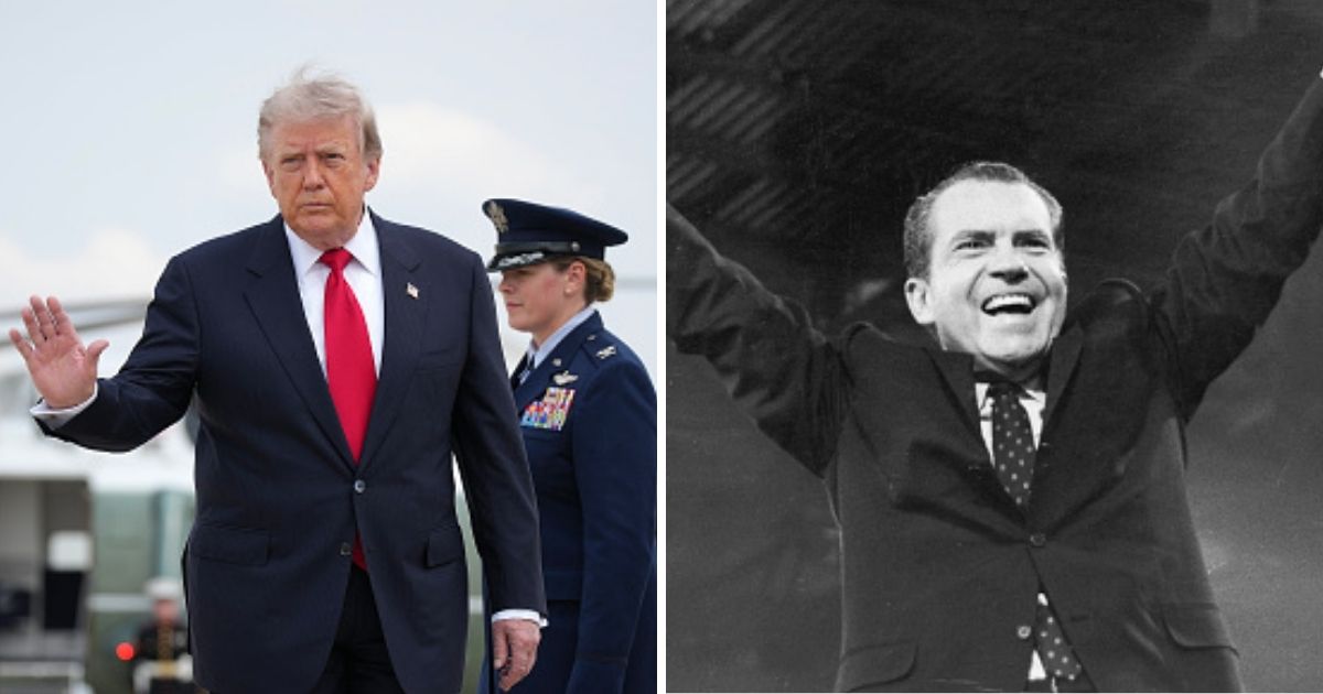 President Donald Trump, left, walks away from Marine One on July 27, 2026. President Richard Millhouse Nixon, right, flashes the peace sign at the RNC Convention in Miami, Florida on August, 1968.