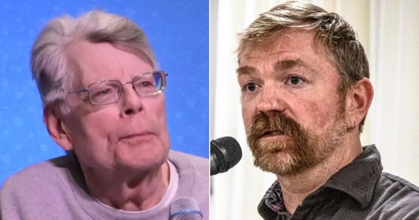 Horror author Stephen King, left, backed down after trying to quote Jesus while discussing disgraced U.S. Senate candidate Graham Platner, right, a Maine Democrat accused this week of rape.