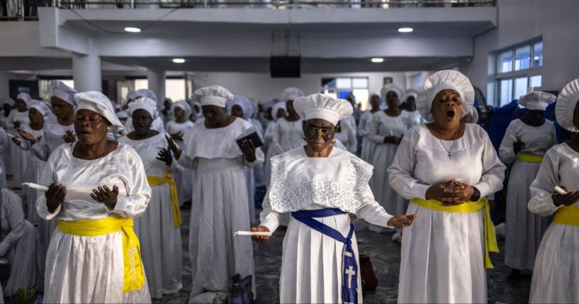 Christians worship in a church in Lagos, Nigeria on June 3, 2026.