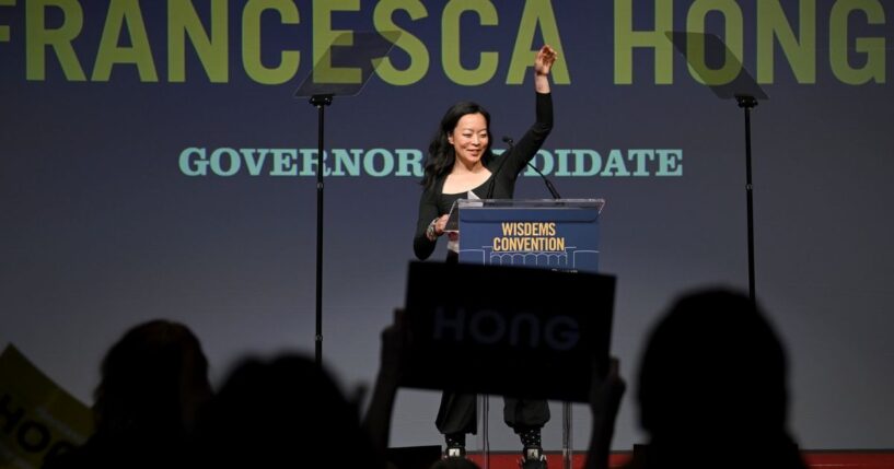 Wisconsin Gubernatorial candidate Francesca Hong speaks on stage at the Wisconsin Democrats 2026 Convention on June 14, 2026 in Madison, Wisconsin.