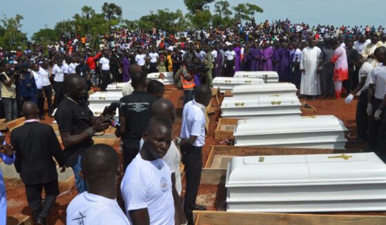 Coffins are prepared for a funeral service for 17 worshippers and two priests in Nigeria who were believed to have been killed by Fulani herdsmen in Benue State, north-central Nigeria on May 22, 2018.