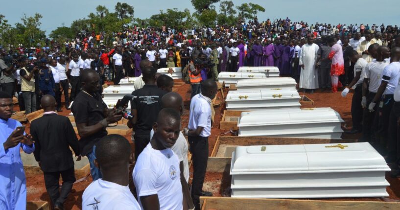 Coffins are prepared for a funeral service for 17 worshippers and two priests in Nigeria who were believed to have been killed by Fulani herdsmen in Benue State, north-central Nigeria on May 22, 2018.