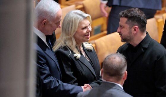 Israeli Prime Minister Benjamin Netanyahu, left, and his wife Sara Netanyahu greet Ukraine President Volodymyr Zelenskyy Tuesday at the conclusion of the funeral service for the late GOP Sen. Lindsey Graham of South Carolina at the Washington National Cathedral in Washington, D.C.