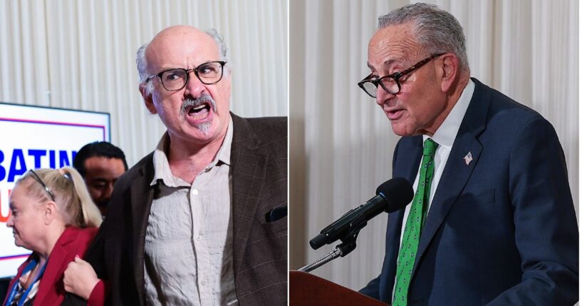 A protester identified as Sam Husseini, left, was escorted out of a news conference where Sen. Chuck Schumer, right, a New York Democrat, was trying to speak.