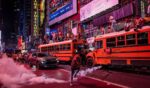 A person kicks a smoke canister as New York Knicks fans celebrate their win against San Antonio Spurs in Game 5 of the NBA Finals June 14 in Times Square in New York City. One exuberant fan reportedly set fire to a school bus.