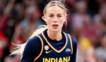 Sophie Cunningham #8 of the Indiana Fever plays against the New York Liberty during the first half of the July 18 game in Indianapolis, Indiana.