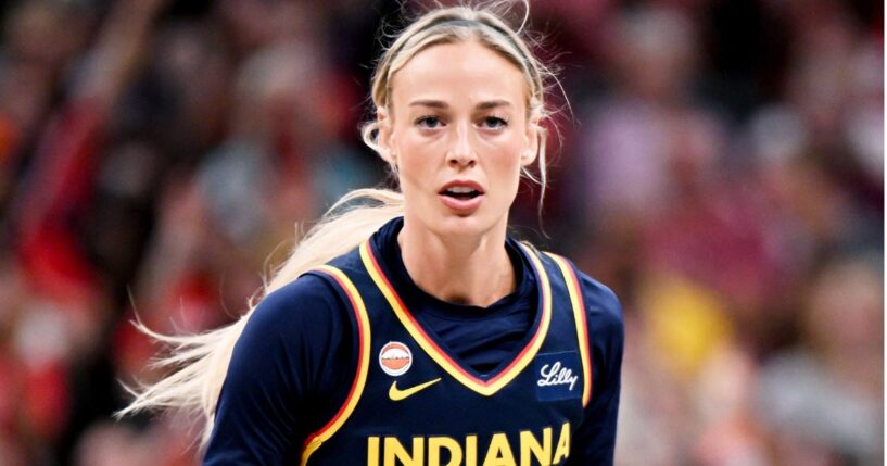 Sophie Cunningham #8 of the Indiana Fever plays against the New York Liberty during the first half of the July 18 game in Indianapolis, Indiana.