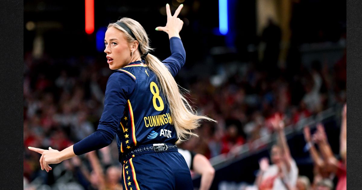Sophie Cunningham #8 of the Indiana Fever reacts against the New York Liberty on July 18 during the first half at Gainbridge Fieldhouse in Indianapolis, Indiana.