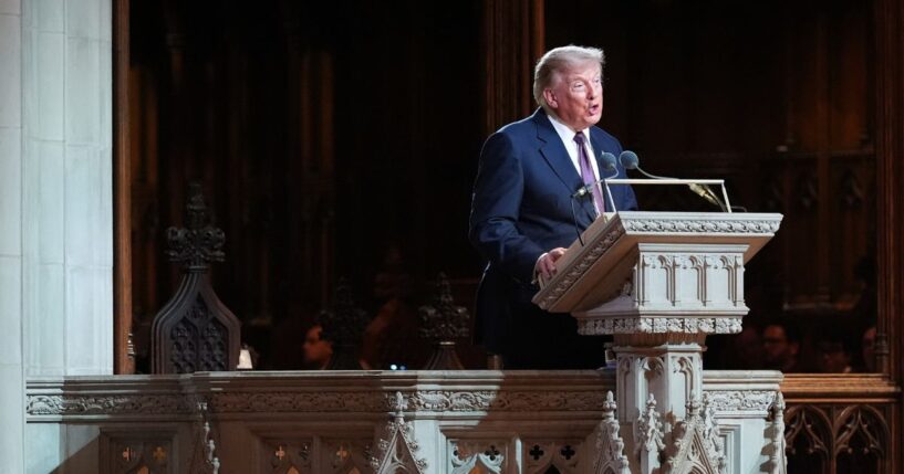 President Donald Trump delivers remarks Tuesday during the funeral service for the late GOP. Sen. Lindsey Graham of South Carolina at the Washington National Cathedral in Washington, D.C.