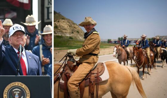 President Donald Trump was flanked during his speech by Rough Rider reenactors, left. At right, the Rough Riders escorted Trump's motorcade to the Theodore Roosevelt Presidential Library Wednesday in Medora, North Dakota.