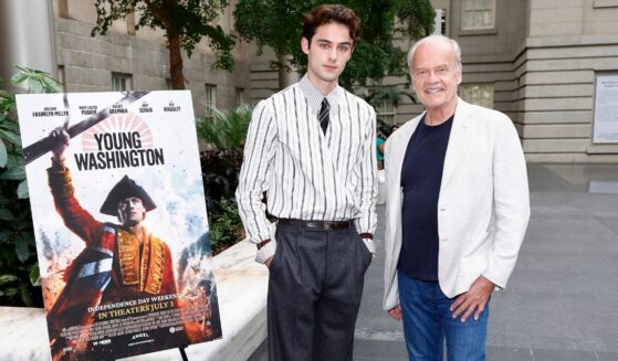 Actors William Franklyn-Miller, left, and Kelsey Grammer attend the "Young Washington" screening June 25 at the National Portrait Gallery in Washington, D.C.