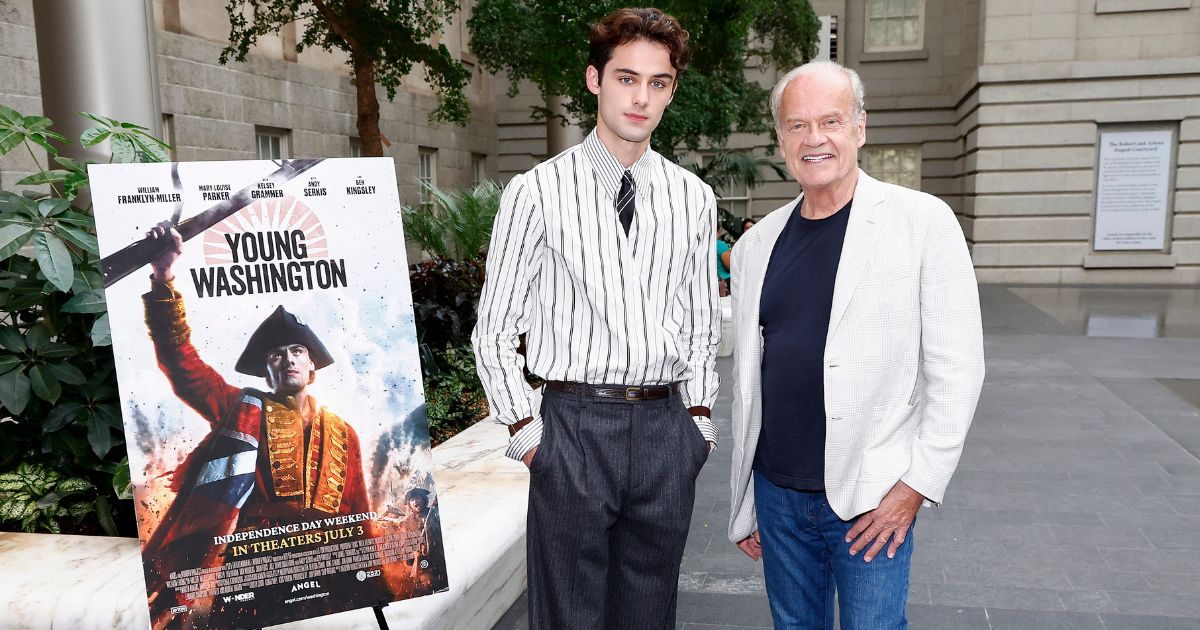 Actors William Franklyn-Miller, left, and Kelsey Grammer attend the "Young Washington" screening June 25 at the National Portrait Gallery in Washington, D.C.
