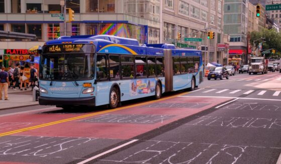 New York City Metropolitan Transportation Authority buses share 14th Street with cars for only a short time longer before it is closed to car traffic on July 1 for the work on the L train on June 17, 2019.