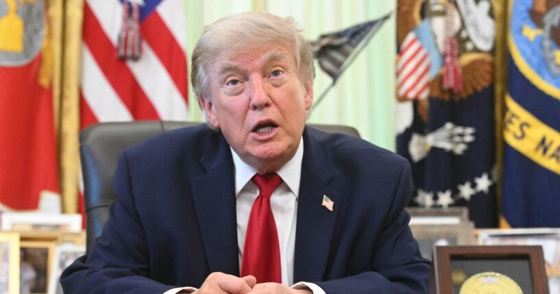 President Donald Trump speaks with reporters after signing a presidential memo on pollution control in vehicles at the Oval Office of the White House in Washington, D.C., on June 29, 2026.