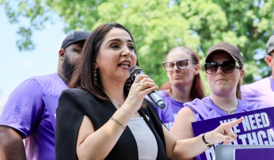 Rep. Delia Ramirez speaks during the SEIU rally on May 19, 2026, at the U.S. Capitol in Washington, D.C.