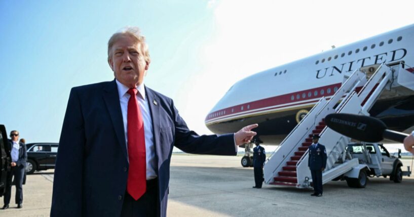 President Donald Trump speaks to the press before he boards Air Force One for his first flight aboard the Boeing 747-8 that Qatar gifted the United States to use for executive travel, at Joint Base Andrews, in Maryland, on July 1, 2026.