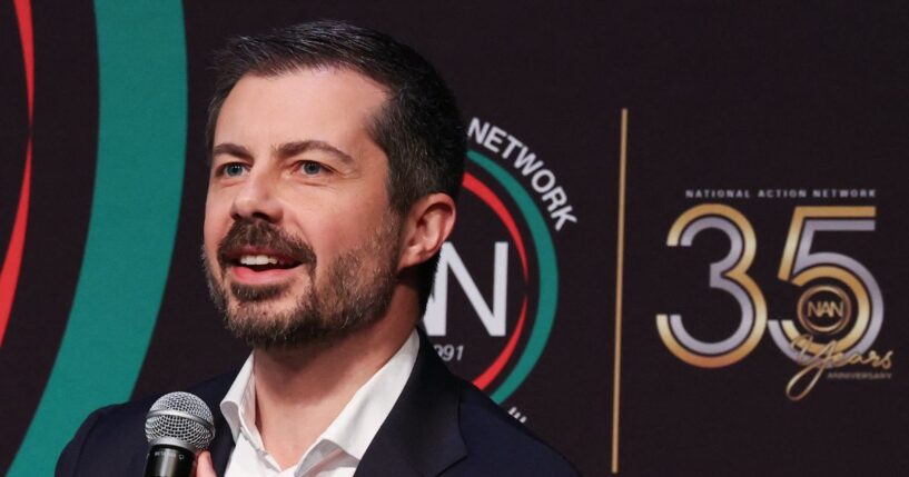 Former Transportation Secretary Pete Buttigieg speaks at the National Action Network convention in New York on April 10, 2026.