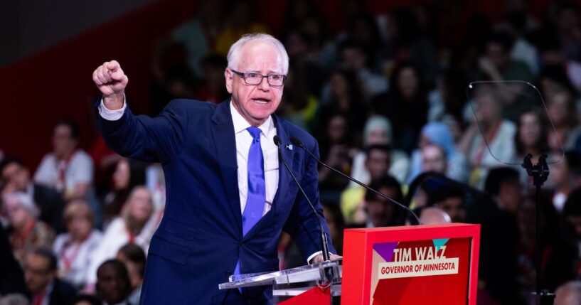 Minnesota Gov. Tim Walz speaks during the Global Progressive Mobilisation at Fira Barcelona on April 18, 2026, in Barcelona, Spain.