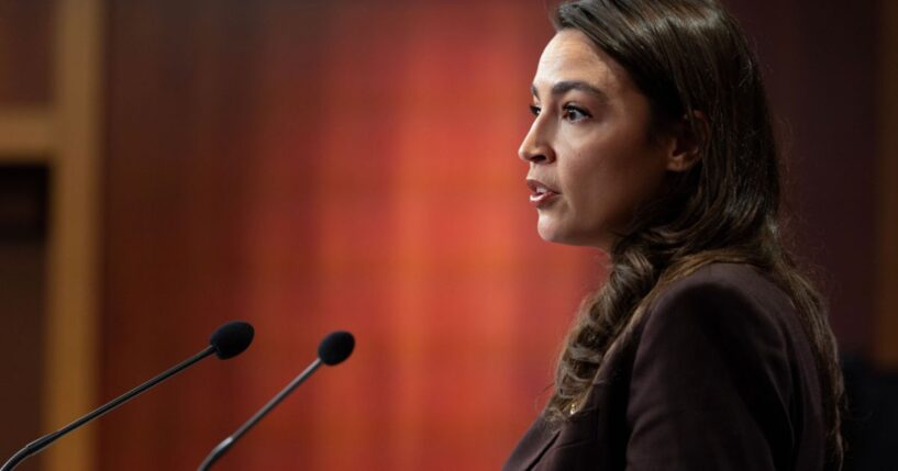 Rep. Alexandria Ocasio-Cortez speaks at a press conference to announce the Artificial Intelligence Data Center Moratorium Act at the U.S. Capitol on March 25, 2026, in Washington, D.C.
