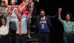 Congressional candidate Claire Valdez, Congressional candidate Brad Lander, Mayor Zohran Mamdani, and Congressional candidate Darializa Avila Chevalier raise their hands during a Get Out the Vote rally at King's Theater on June 18, 2026, in New York City.