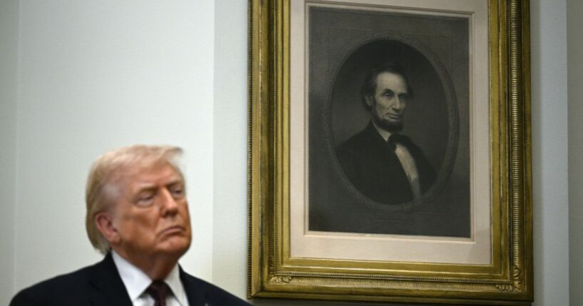President Donald Trump stands next to a portrait of Abraham Lincoln after making an announcement regarding drug prices from the Roosevelt Room of the White House in Washington, D.C., on Dec. 19, 2025.