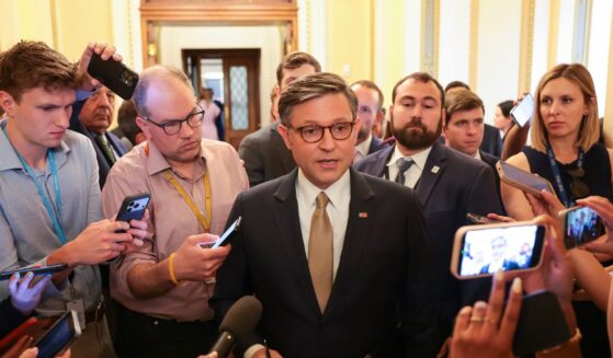Speaker Mike Johnson speaks to reporters outside of the House Chambers in the U.S Capitol Building on June 30, 2026, in Washington, D.C.