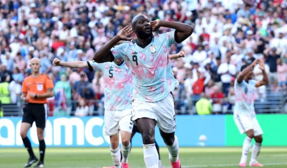 Romelu Lukaku of Belgium celebrates scoring his team's fourth goal during the FIFA World Cup 2026 Round of 16 match between USA and Belgium at Seattle Stadium on July 6, 2026, in Seattle, Washington.