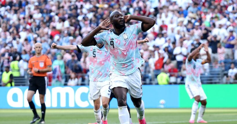 Romelu Lukaku of Belgium celebrates scoring his team's fourth goal during the FIFA World Cup 2026 Round of 16 match between USA and Belgium at Seattle Stadium on July 6, 2026, in Seattle, Washington.