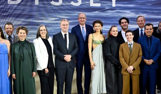 Anne Hathaway, Matt Damon, Donna Langley, Emma Thomas, Christopher Nolan, Brian L. Roberts, Zendaya, Samantha Morton, Benny Safdie, Elliot Page, Mike Cavanagh, John Leguizamo, and Hoyte van Hoytema attend the world premiere of "The Odyssey" at Odeon Luxe Leicester Square on July 6, 2026, in London, England.