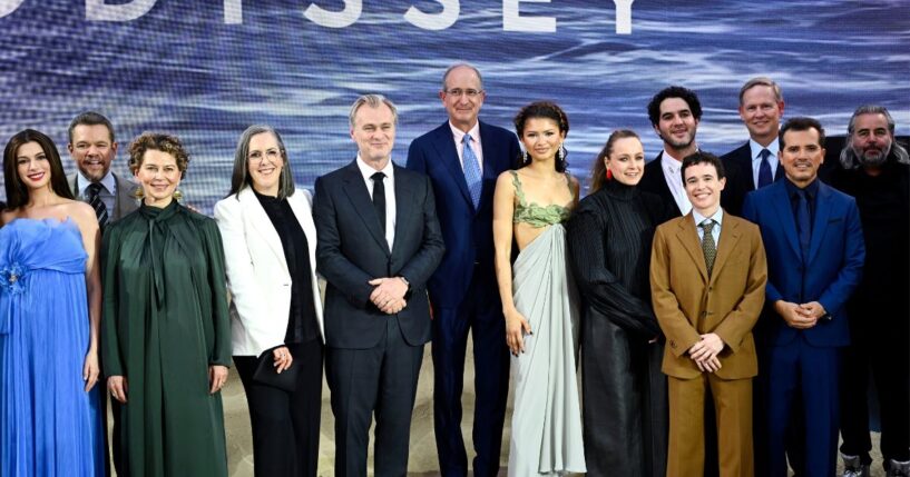 Anne Hathaway, Matt Damon, Donna Langley, Emma Thomas, Christopher Nolan, Brian L. Roberts, Zendaya, Samantha Morton, Benny Safdie, Elliot Page, Mike Cavanagh, John Leguizamo, and Hoyte van Hoytema attend the world premiere of "The Odyssey" at Odeon Luxe Leicester Square on July 6, 2026, in London, England.